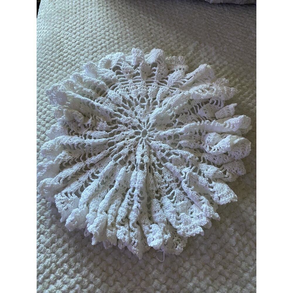 Vintage Hand Crocheted Doily, Flower Design, Round, Cotton, White, Yellow